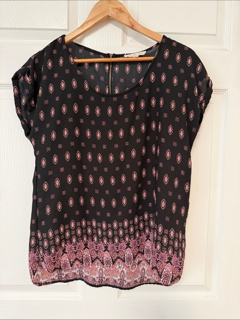 Pink Rose Black Blouse with Pink Print